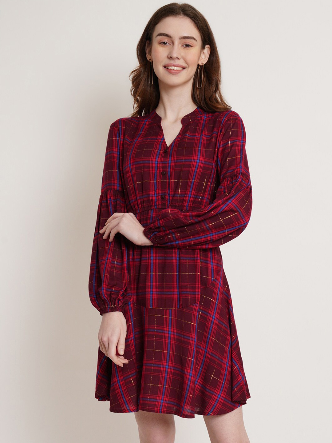 

Hive91 Mandarin Collar Checked Dress, Maroon