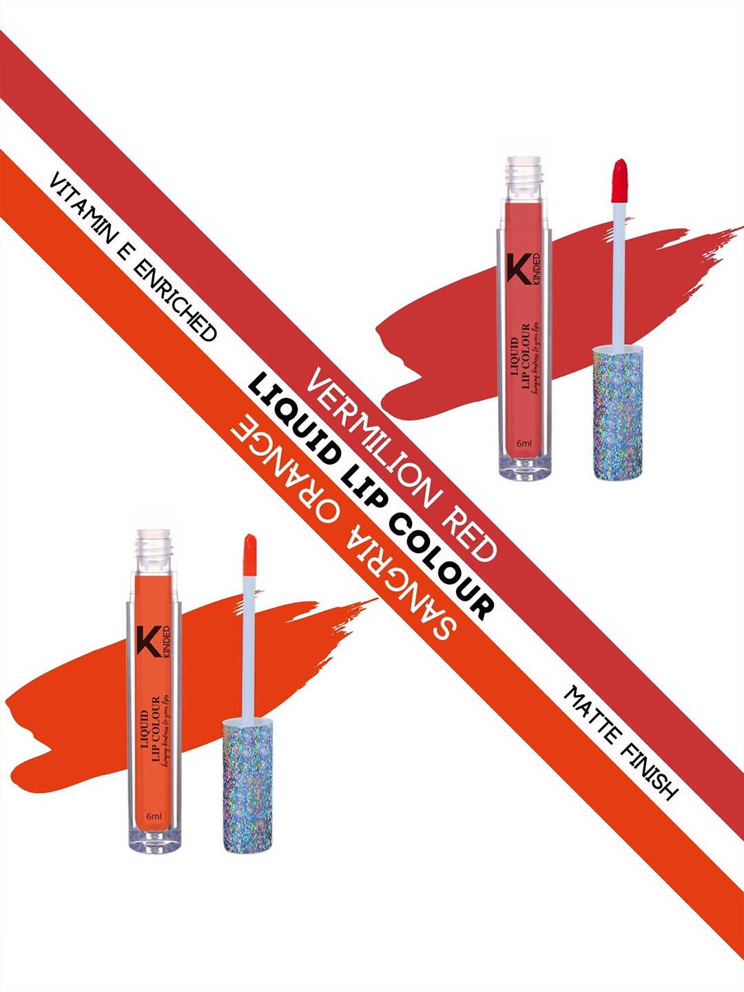 

KINDED Set Of 2 Vitamin E Enriched Long Lasting Matte Liquid Lip Colour Lipstick 6 ml- Vermilion Red 03 & Sangria Orange 08