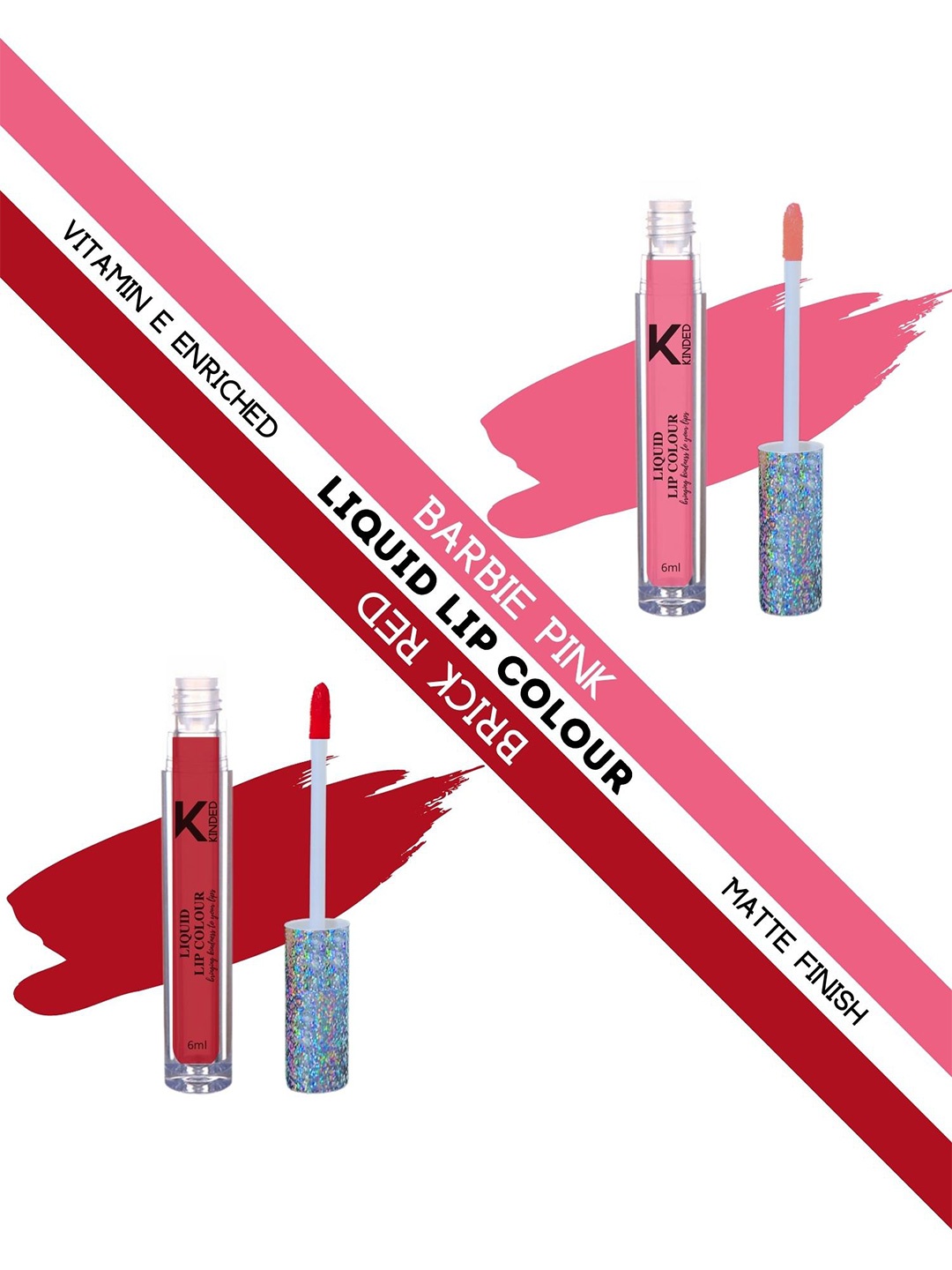 

KINDED Set of 2 Vitamin E Matte Liquid Lipstick 6ml Each - Barbie Pink 01 & Brick Red 04