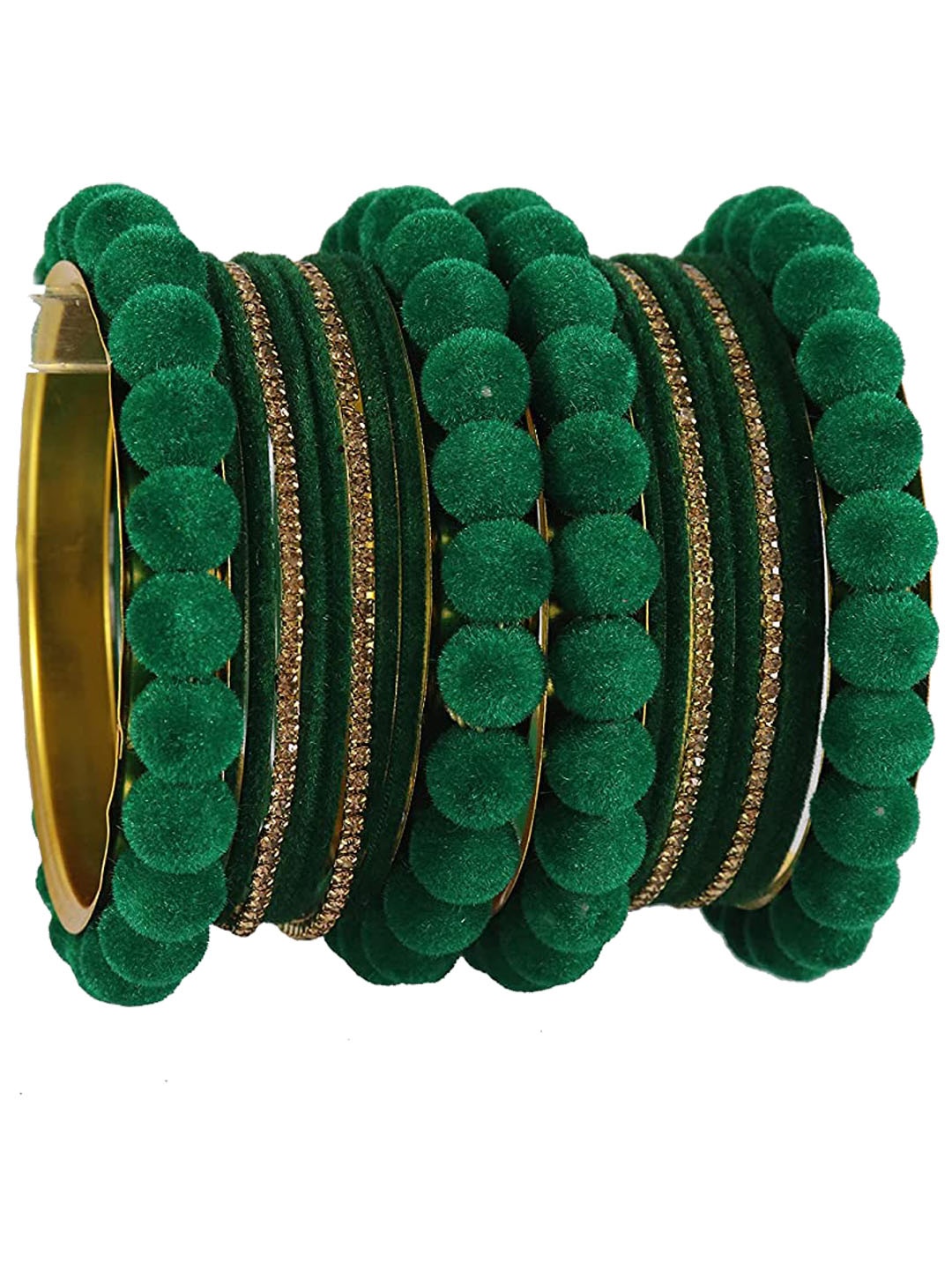 

NMII Pack Of 20 Zircon Studded & Beaded Velvet Antique Bangles, Green