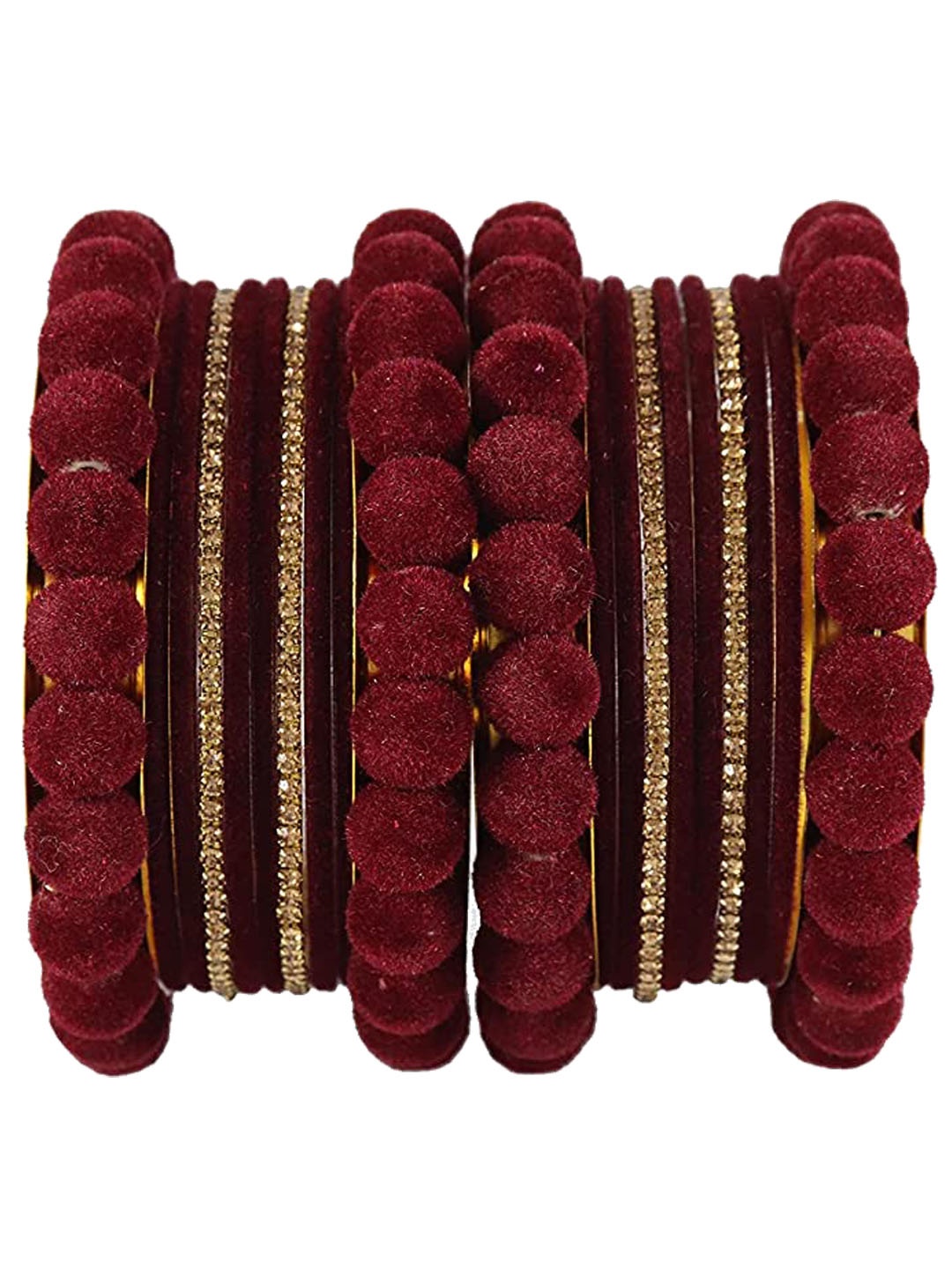 

NMII Set of 20 Zircon Studded & Beaded Velvet Antique Bangles, Maroon