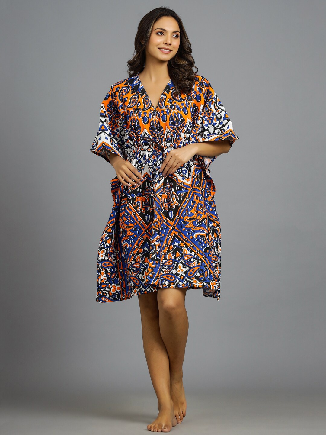 

HANDICRAFT PALACE Ethnic Motifs Printed Pure Cotton Kaftan Nightdress, Black