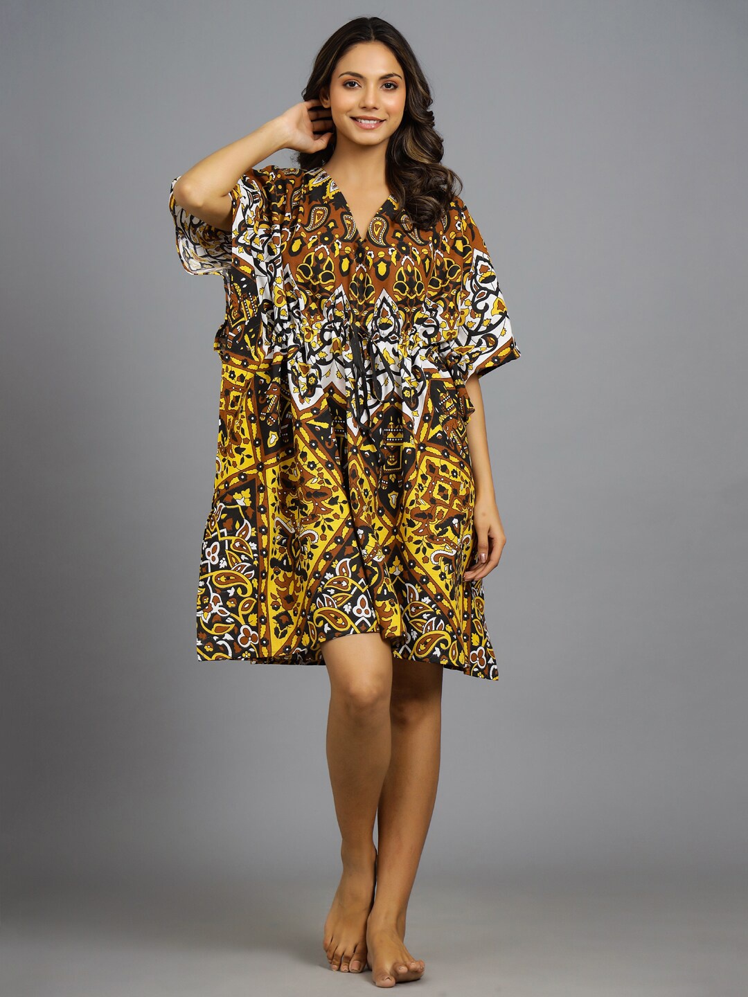 

HANDICRAFT PALACE Ethnic Motifs Printed Pure Cotton Kaftan Nightdress, Yellow