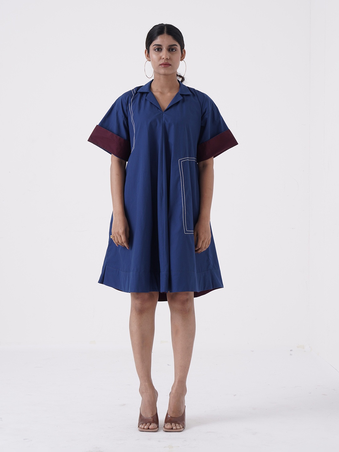 

the kaatn trail Notch Collar Roll-Up Sleeve A-Line Dress, Navy blue