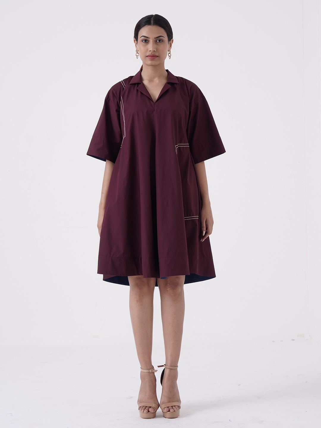 

the kaatn trail Notch Collar Roll-Up Sleeve A-Line Dress, Burgundy