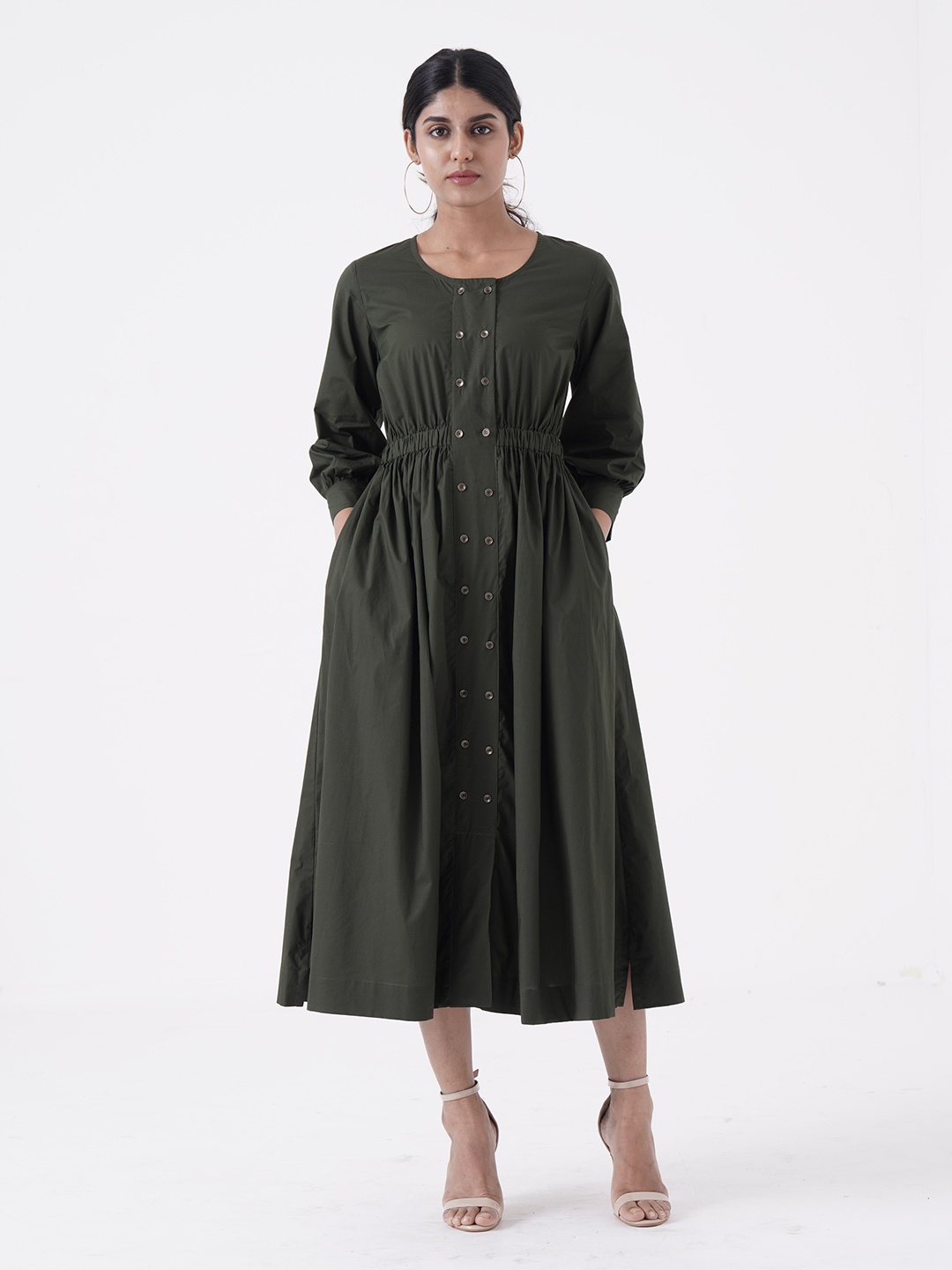 

the kaatn trail Cuffed Sleeves Fit & Flare Midi Dress, Olive