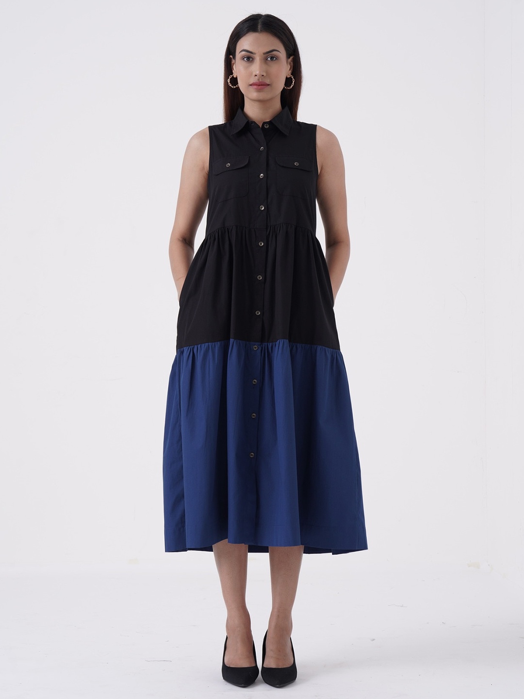

the kaatn trail Colourblocked Shirt Midi Dress, Navy blue