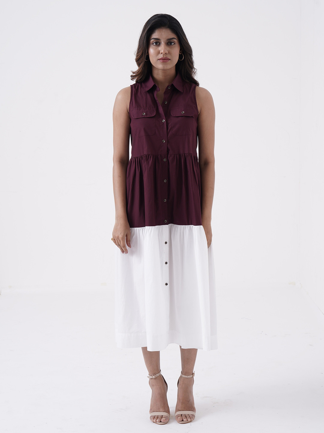 

the kaatn trail Colourblocked Shirt Midi Dress, Maroon