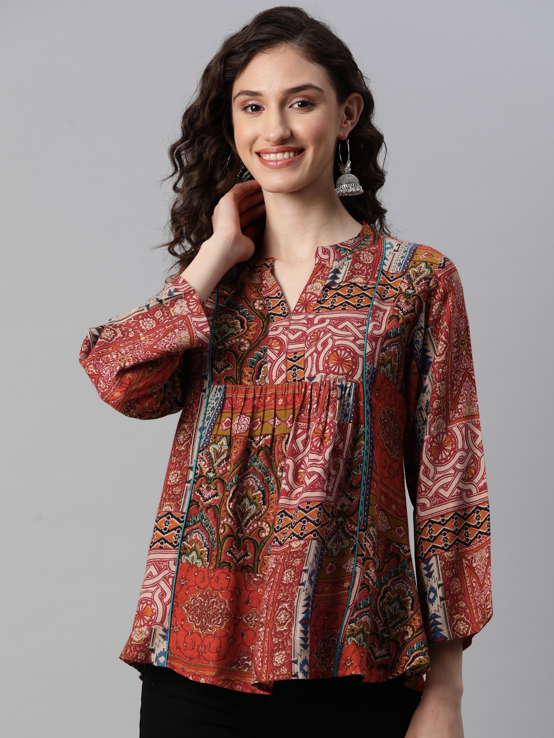 

Indibelle Print Mandarin Collar Ethnic Top, Maroon
