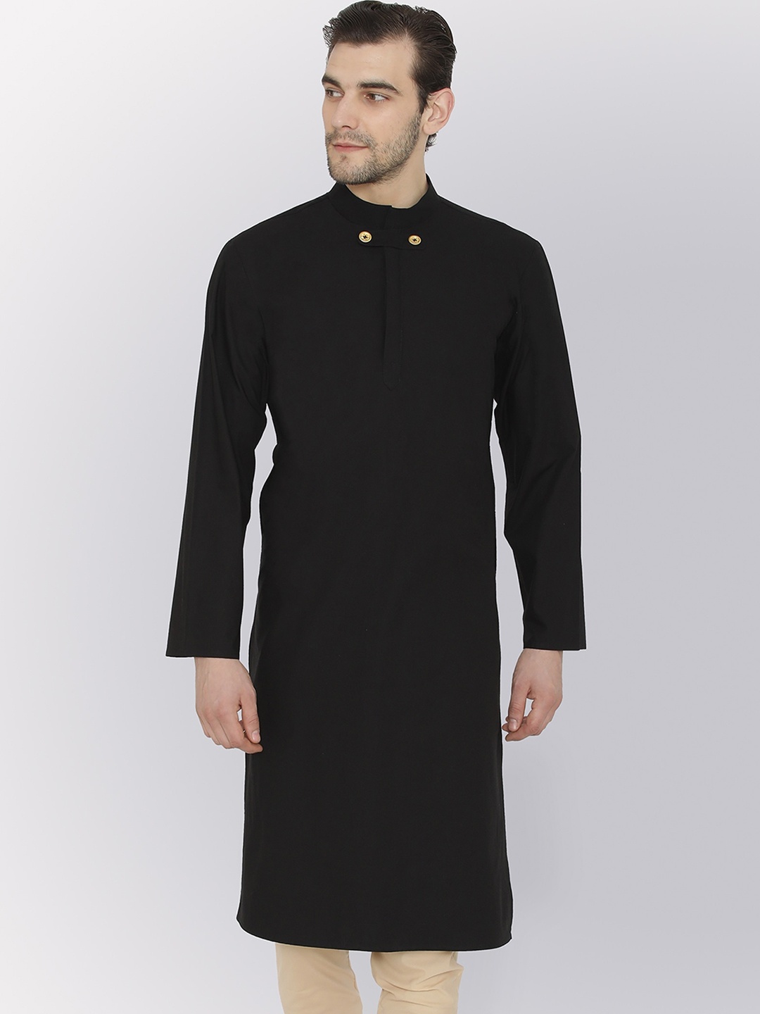 

Raas Mandarin Collar Long Sleeves Pure Cotton Kurta, Black