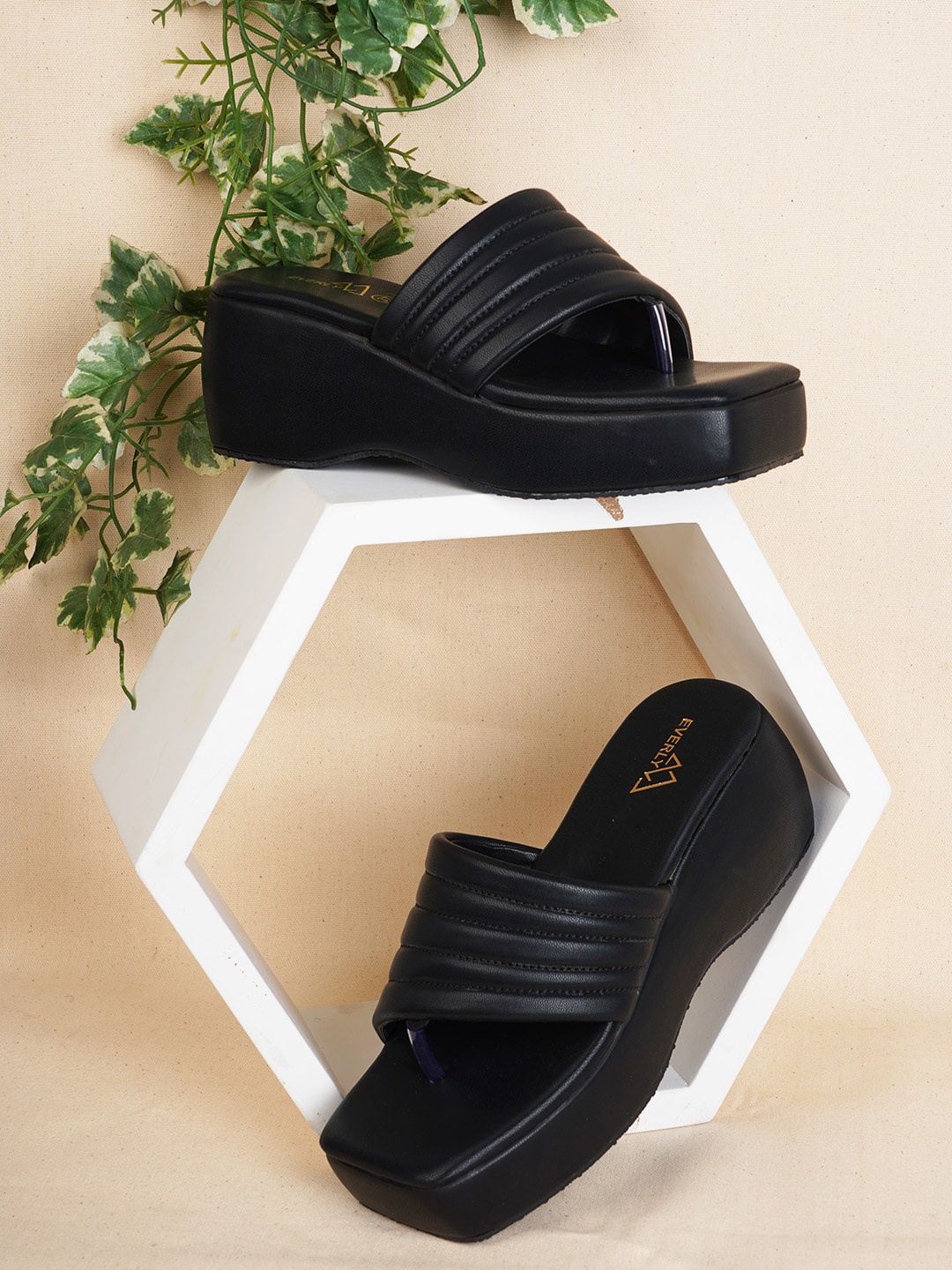 

EVERLY Women T-Straps Platform Heels, Black