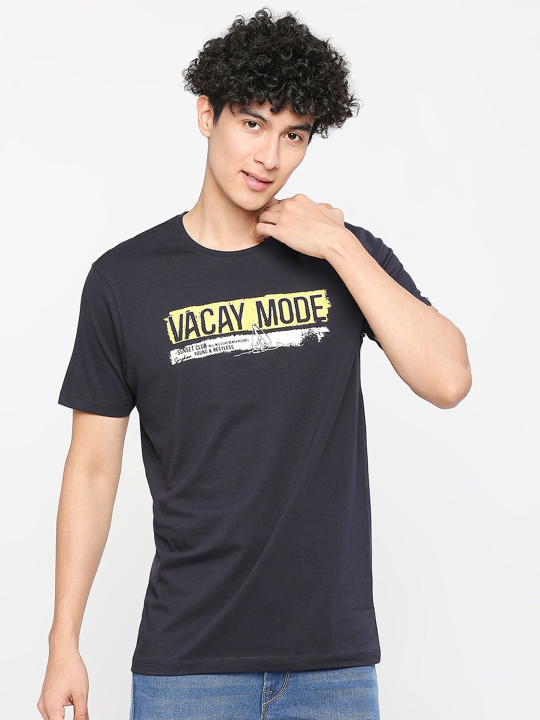 

SPYKAR Typography Printed Cotton Slim Fit T-shirt, Navy blue