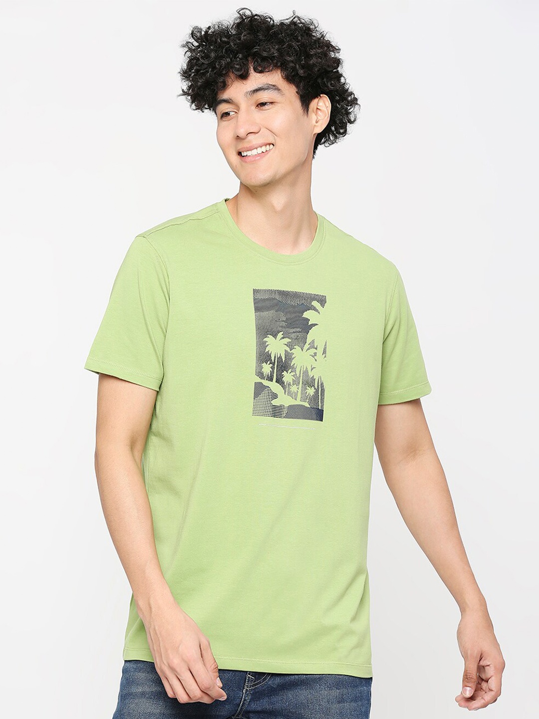 

SPYKAR Round Neck Graphic Printed Slim Fit Cotton T-shirt, Green