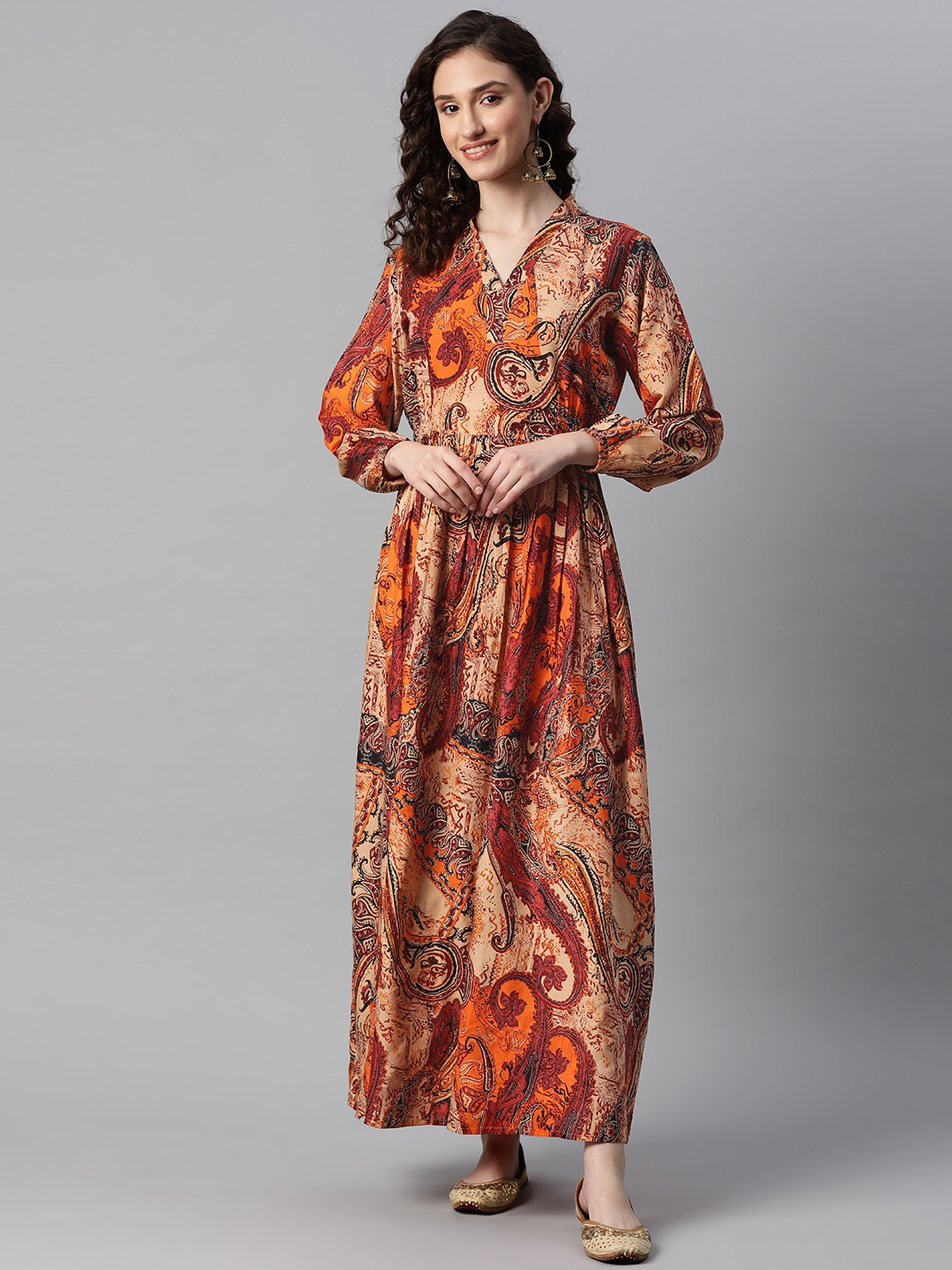 

Indibelle Paisley Print Puff Sleeve A-Line Maxi Dress, Orange