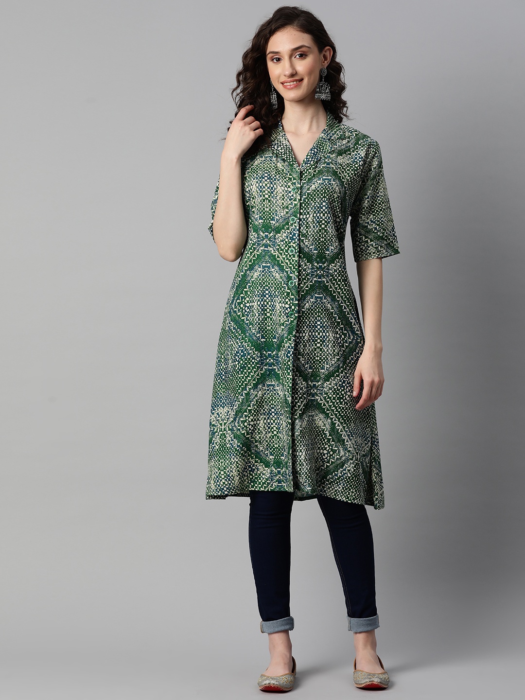 

Indibelle Women Printed Button Shrug, Green