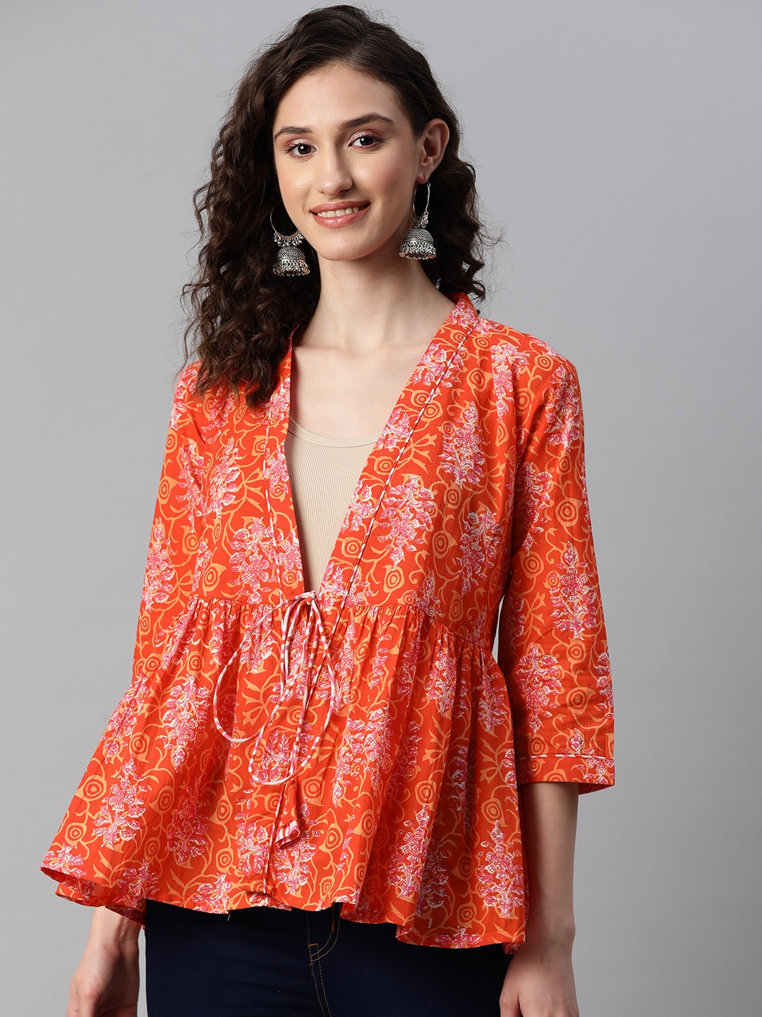 

Indibelle Women Orange Printed Tie-Up Cotton Shrug