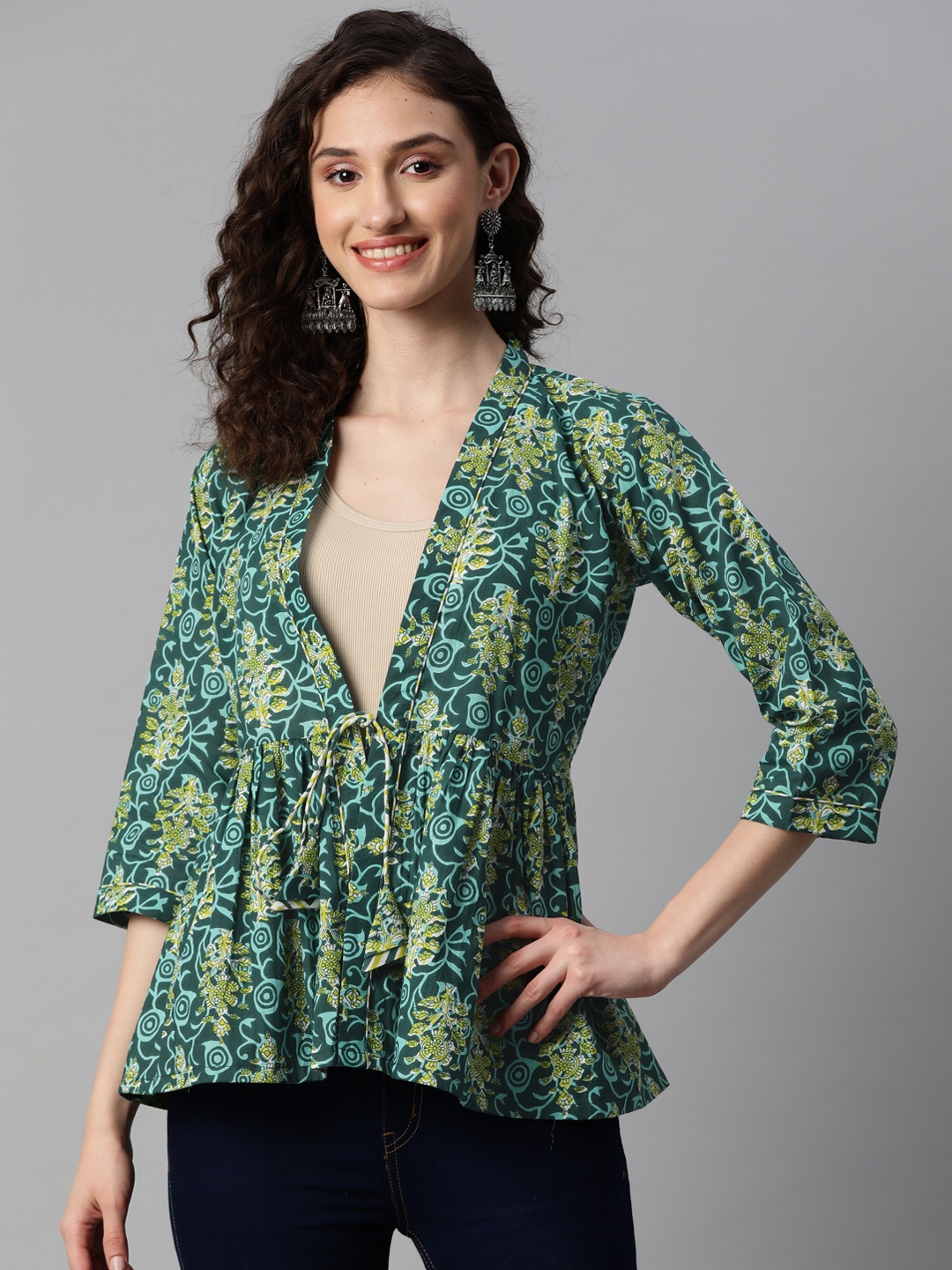 

Indibelle Women Printed Tie-Up Cotton Shrug, Green