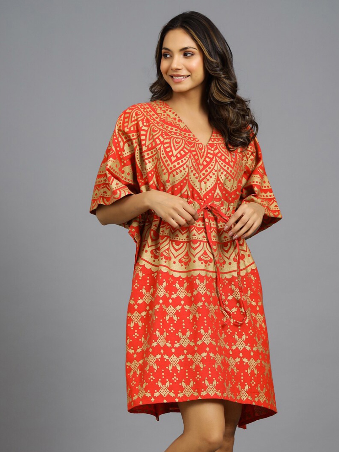 

HANDICRAFT PALACE V-Neck Ethnic Motifs Printed Pure Cotton Kaftan Nightdress, Orange