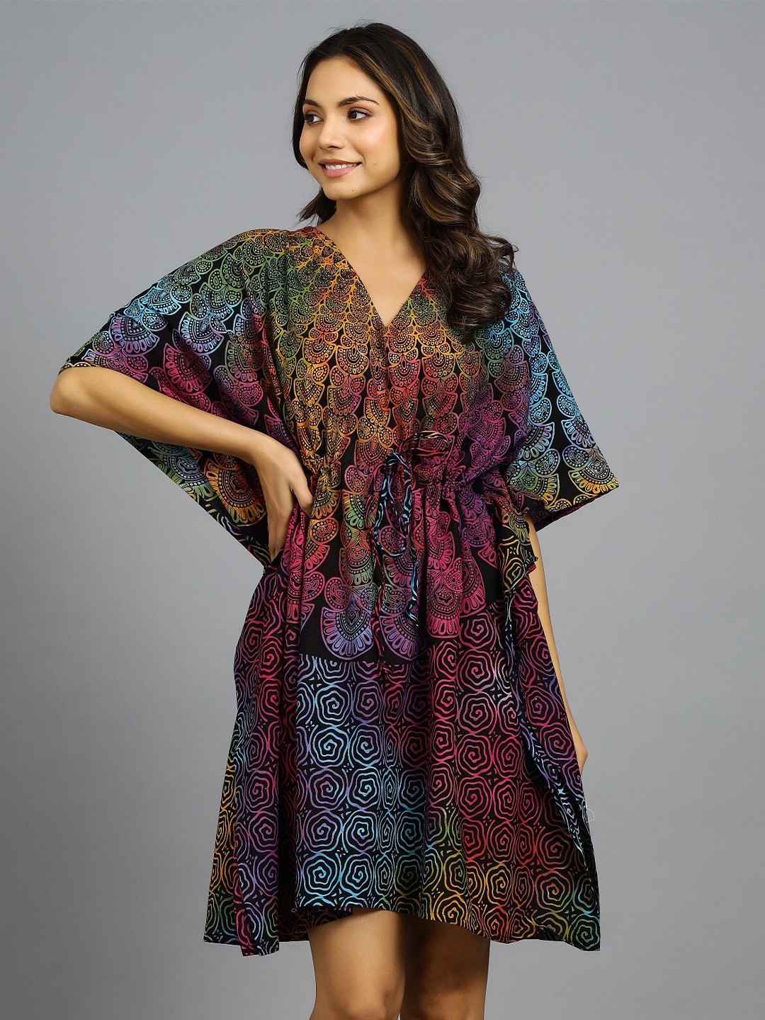 

HANDICRAFT PALACE V-Neck Graphic Printed Pure Cotton Kaftan Nightdress, Black