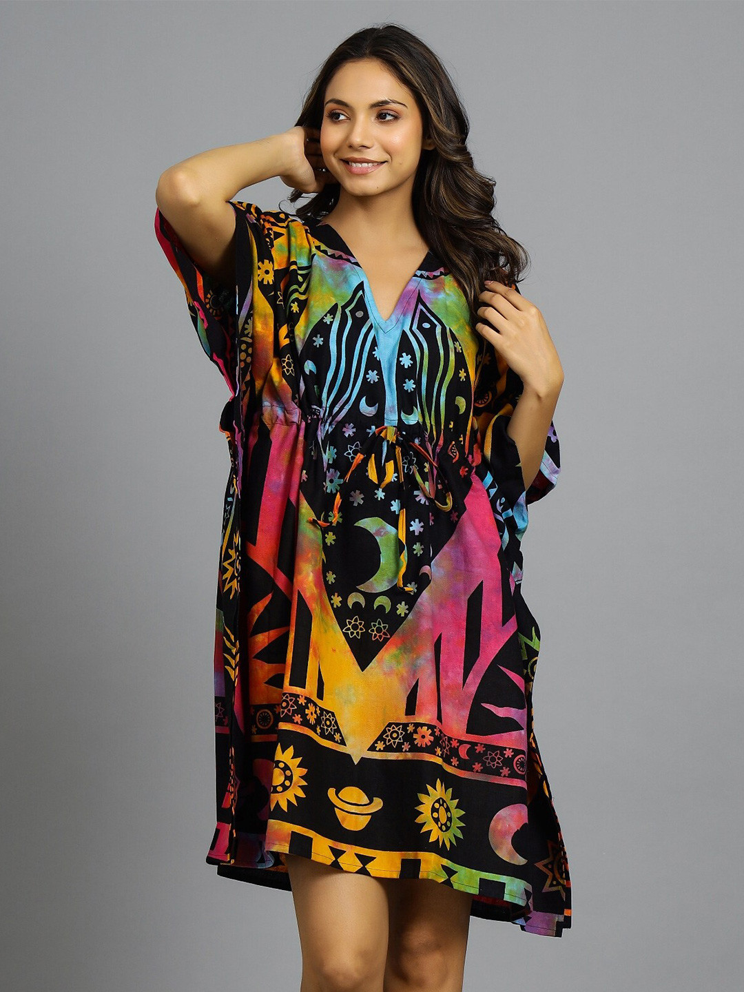 

HANDICRAFT PALACE V-Neck Graphic Printed Pure Cotton Kaftan Nightdress, Black