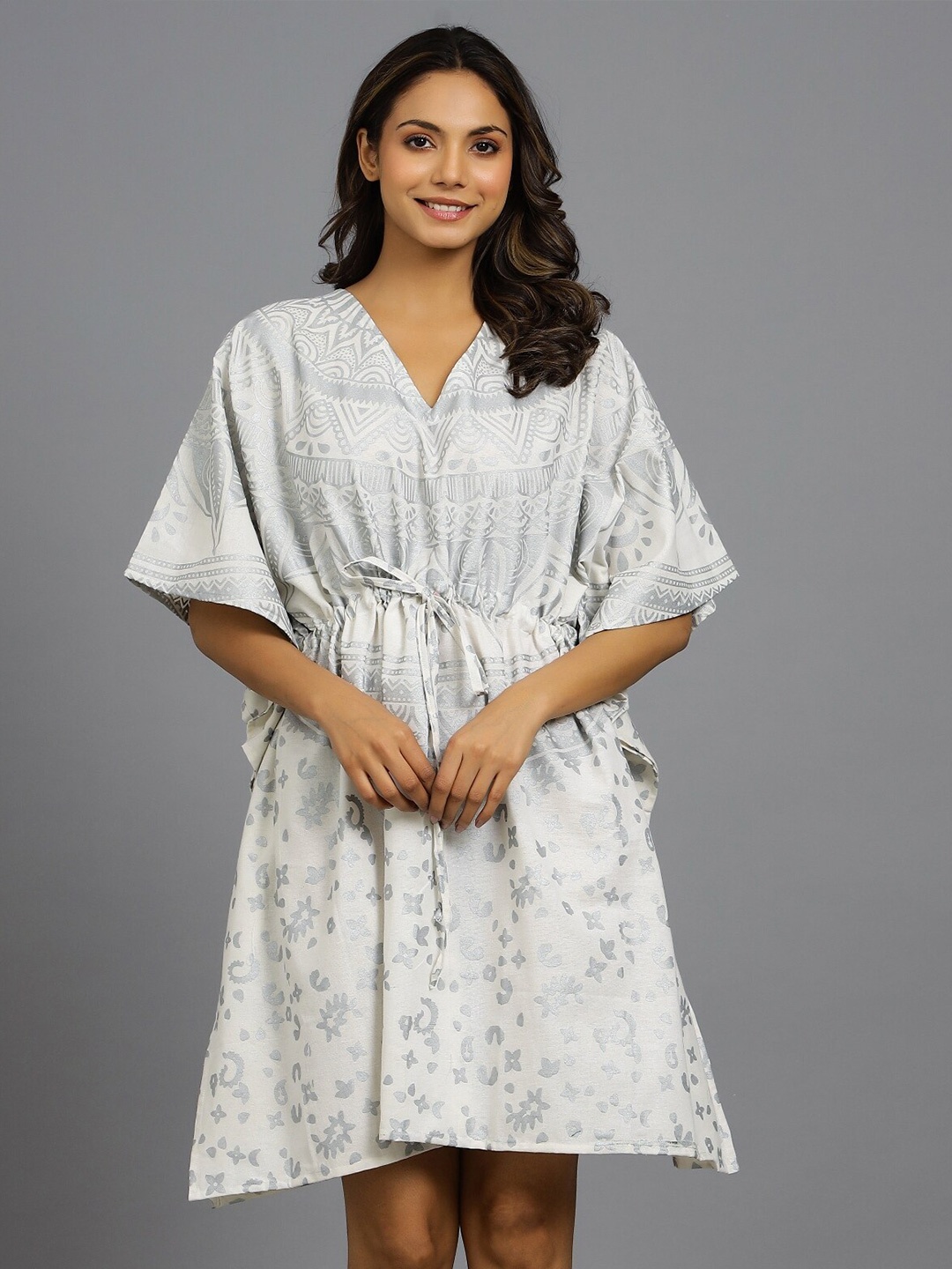 

HANDICRAFT PALACE V-Neck Ethnic Motifs Printed Pure Cotton Kaftan Nightdress, Silver