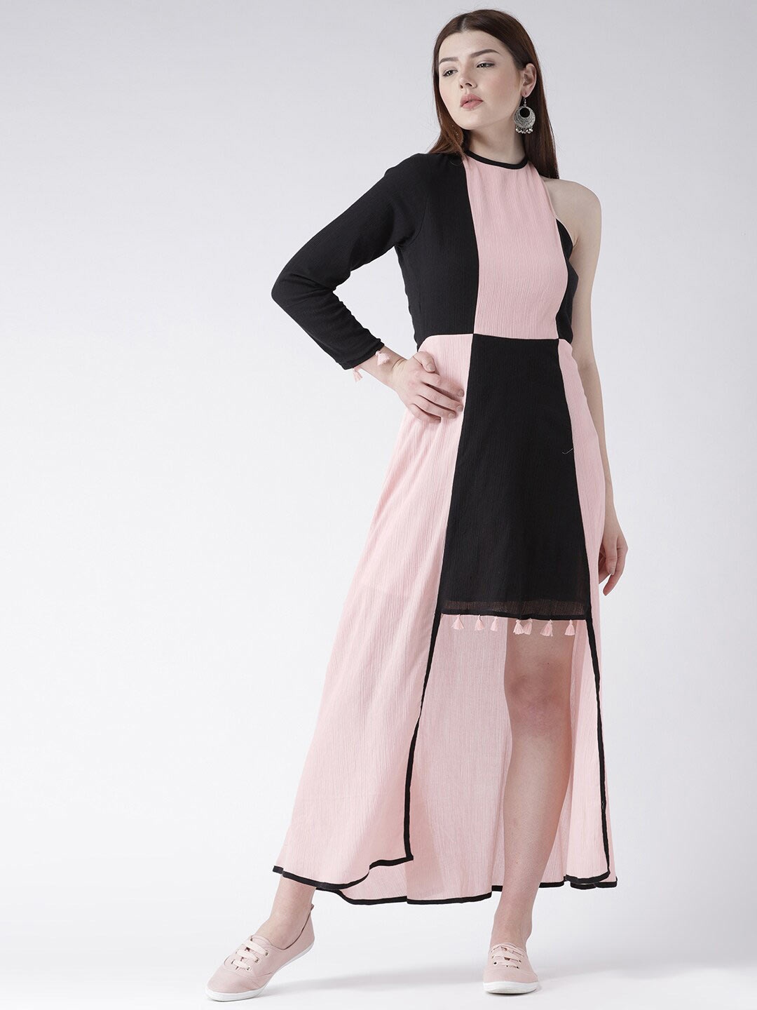 

DODO & MOA Colourblocked One Shoulder High Low Maxi Dress With Tassel Detail, Pink