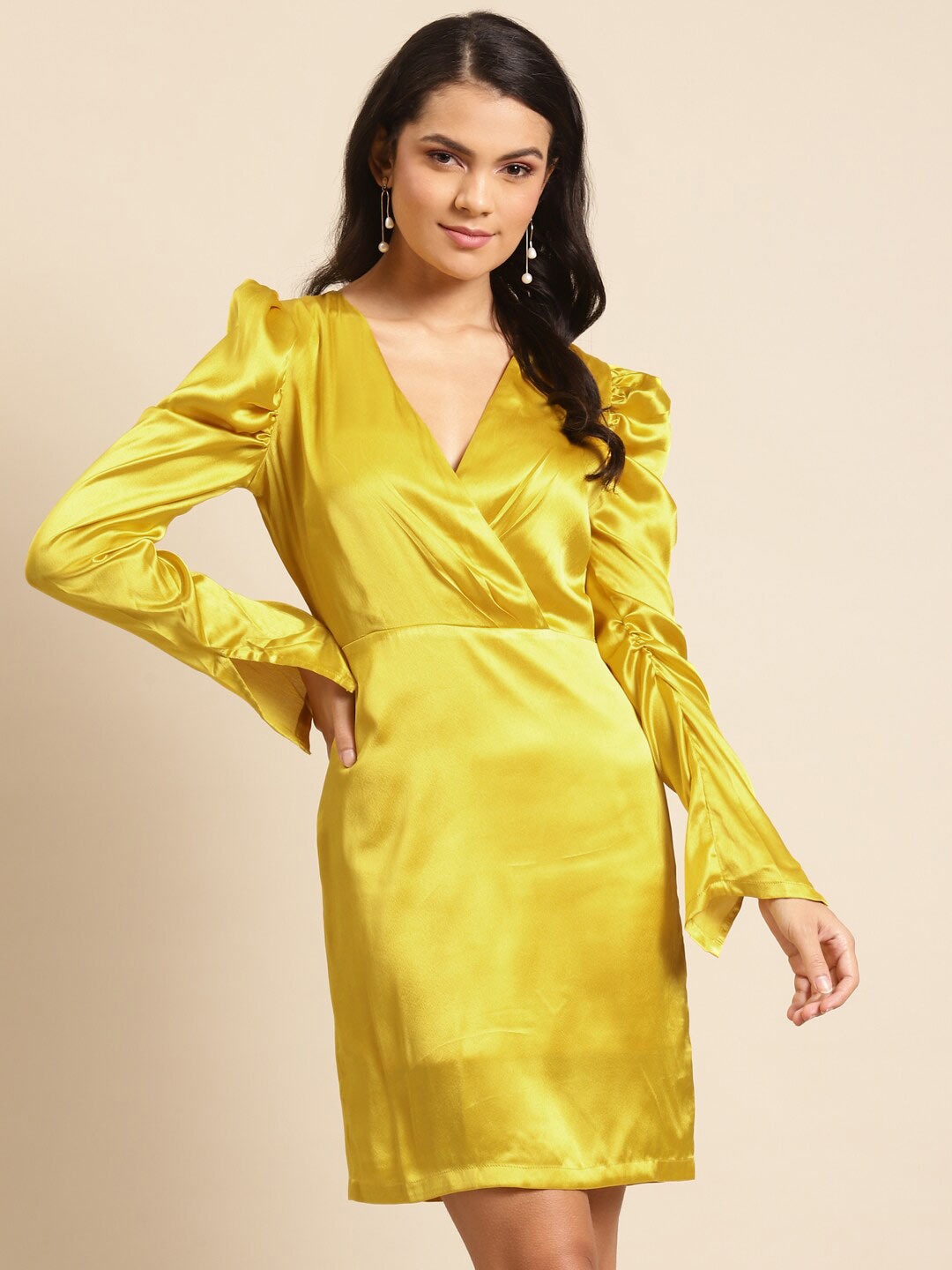 

DODO & MOA V-Neck Ruched Puff Sleeve A-Line Dress, Mustard