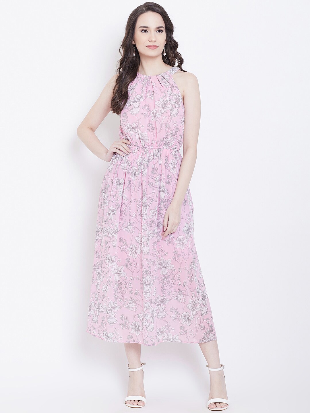 DODO & MOA Floral Printed Fit & Flare Midi Dress, Pink