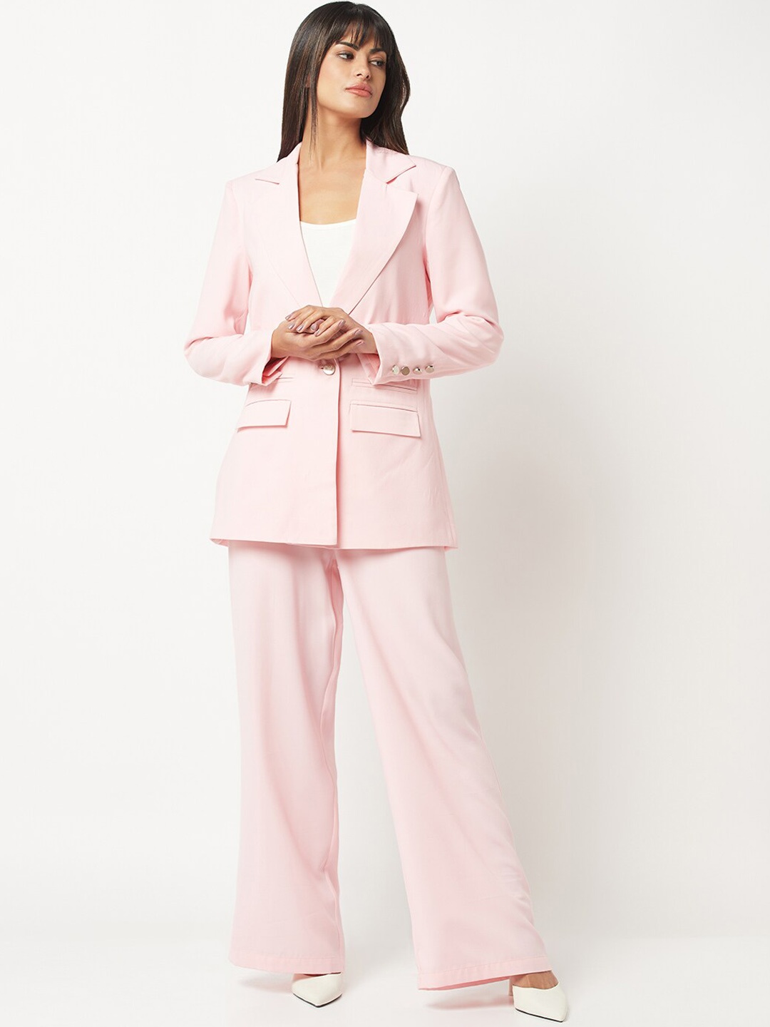 

HOUSE OF S Lapel Collar Long Sleeves Blazer with Trousers Co-Ord Set, Pink