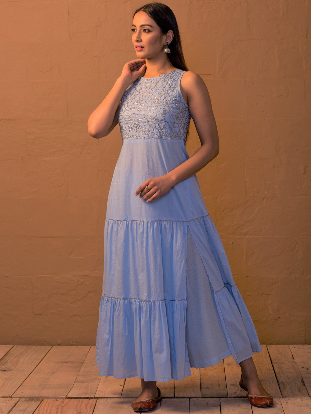 

charkhee Women Blue Yoke Design Layered Sequinned Pure Cotton Kurta with Trousers