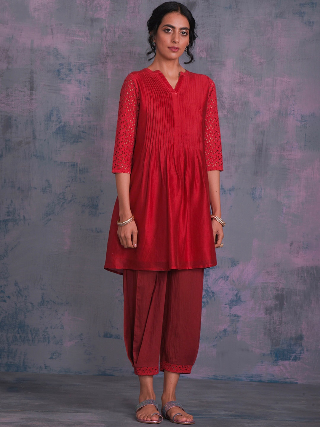 

charkhee Pleated A-Line Chanderi Silk Kurta with Salwar, Red