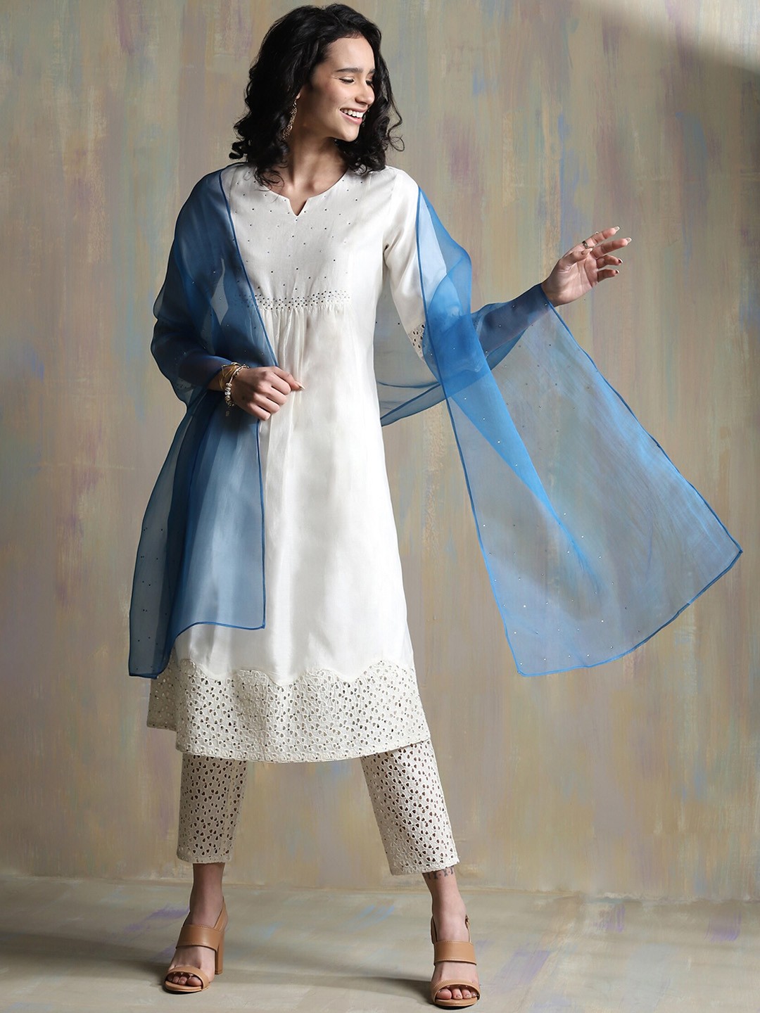 

charkhee Women Off White Yoke Design Beads and Stones Chanderi Silk Kurta with Trousers