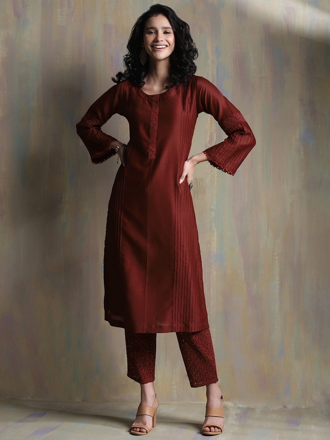 

charkhee Ethnic Motifs Yoke Design Beads and Stones Chanderi Silk Kurta with Trousers, Rust