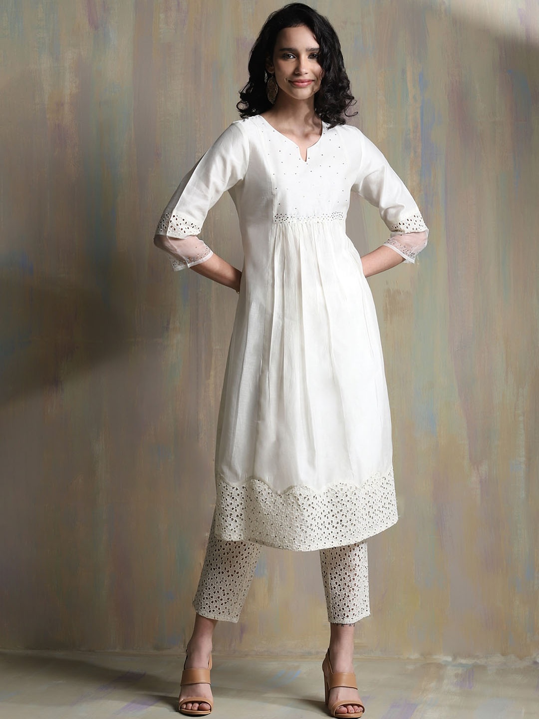 

charkhee Yoke Design Pleated Beads and Stones Chanderi Silk Kurta with Trousers, Off white