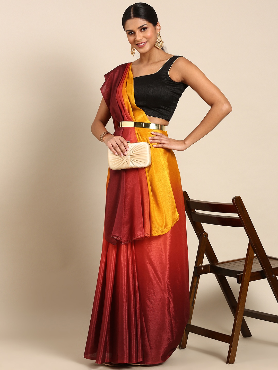 

HERE&NOW Colourblocked Ready To Wear Saree, Red