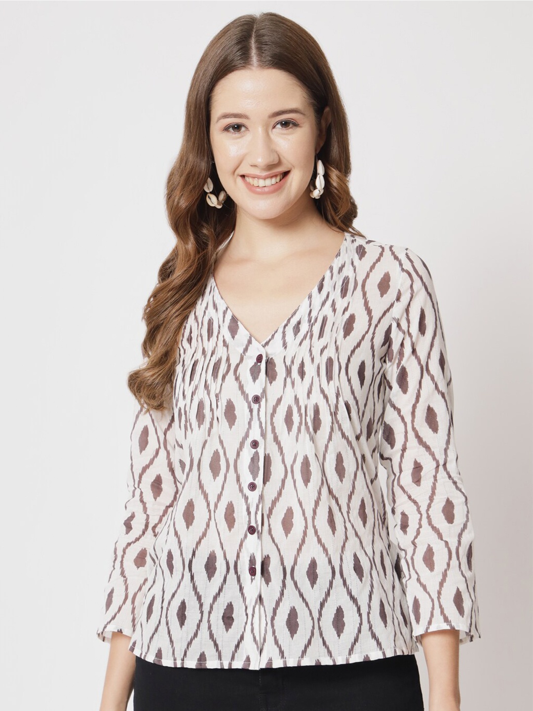 

CHARMGAL Abstract Printed Shirt Style Cotton Top, White