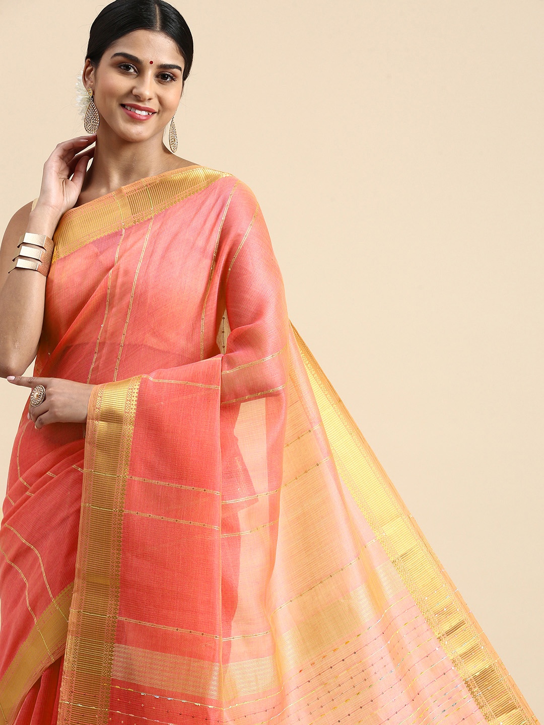 

Kaizen TEXO FAB Striped Sequinned Zari Linen Blend Saree, Pink