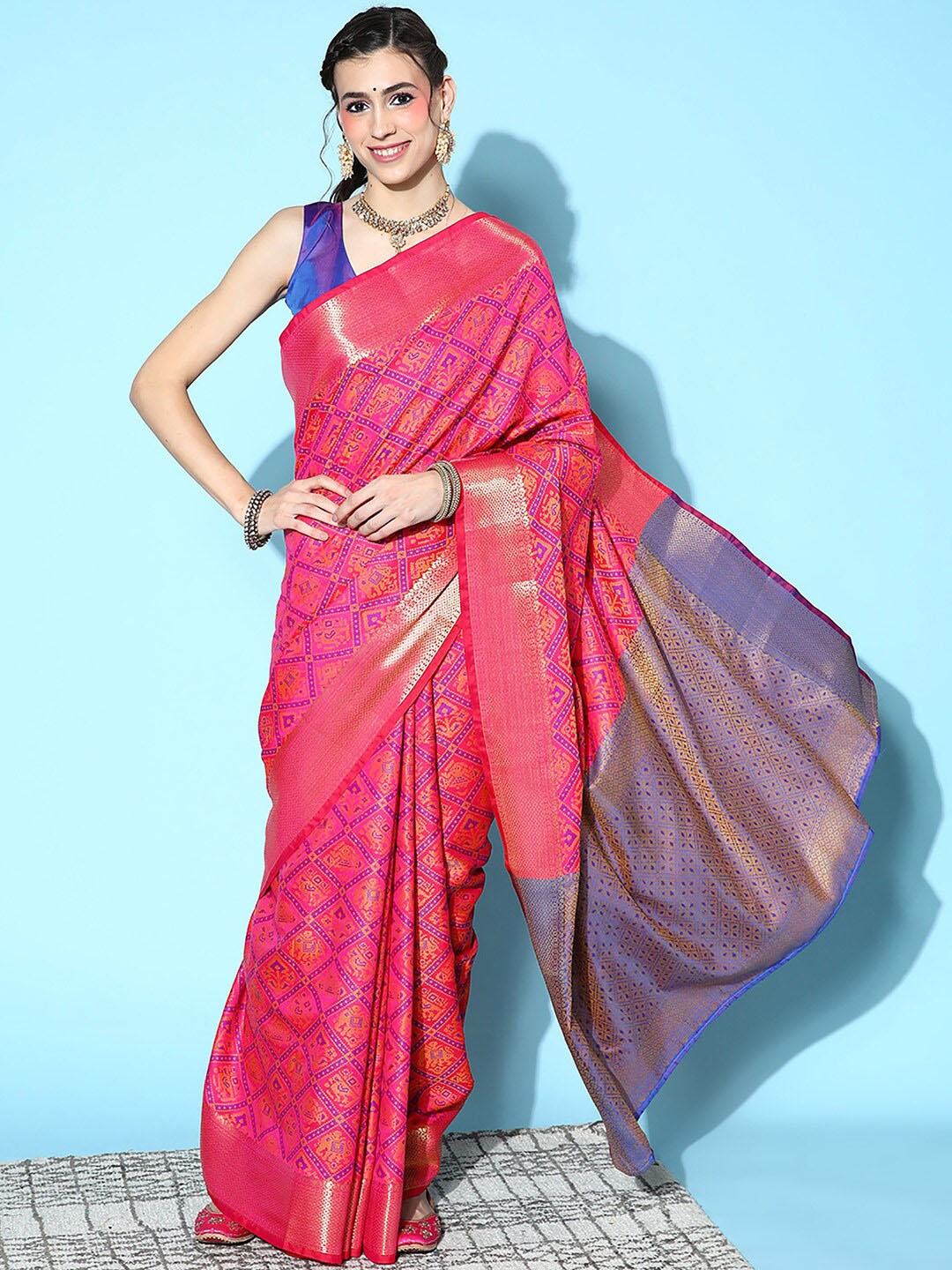 

Saree mall Woven Design Zari Silk Blend Ikat Sarees, Pink