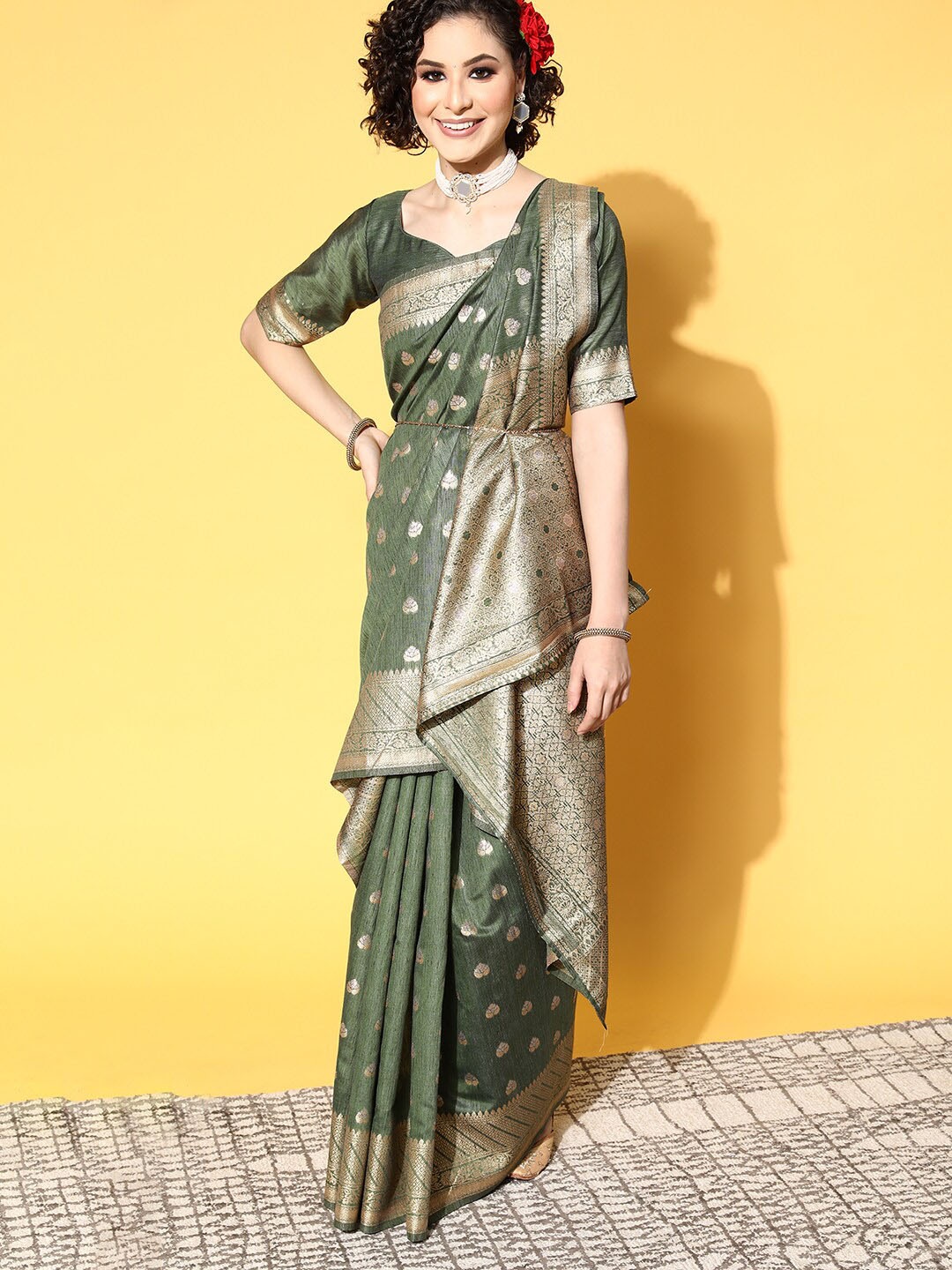 

Saree mall Floral Silk Cotton Banarasi Sarees, Olive