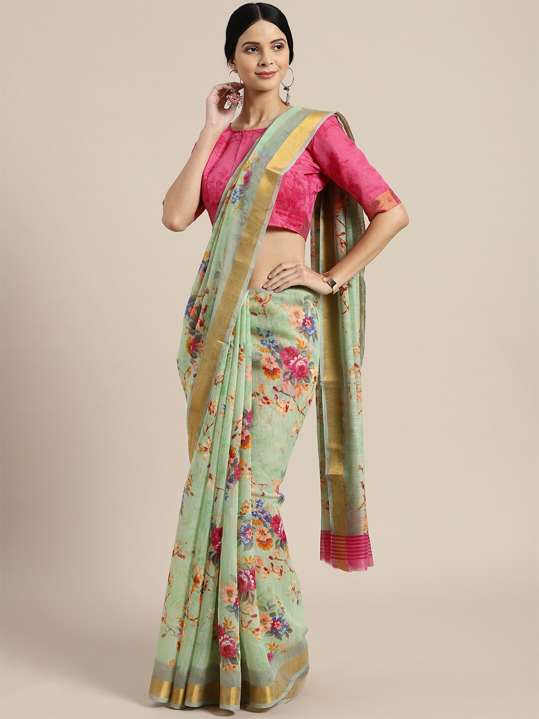 

Saree mall Floral Printed Linen Blend Zari Sarees, Green