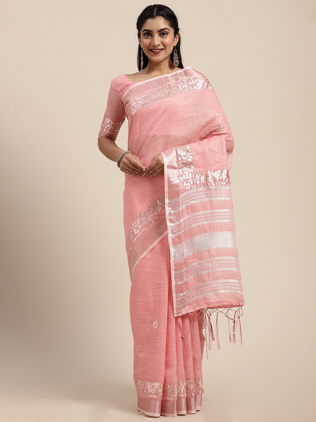 

Saree mall Embellished Zari Linen Blend Sarees, Peach