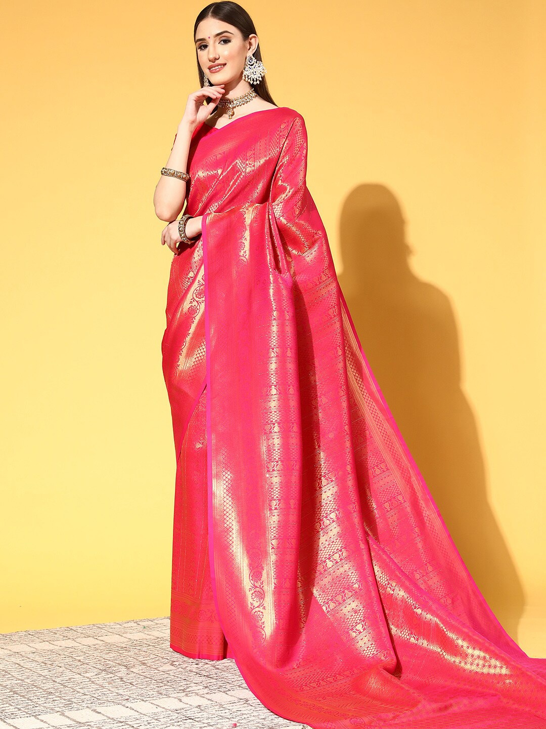 

Saree mall Ethnic Motifs Woven Design Kanjeevaram Sarees, Pink