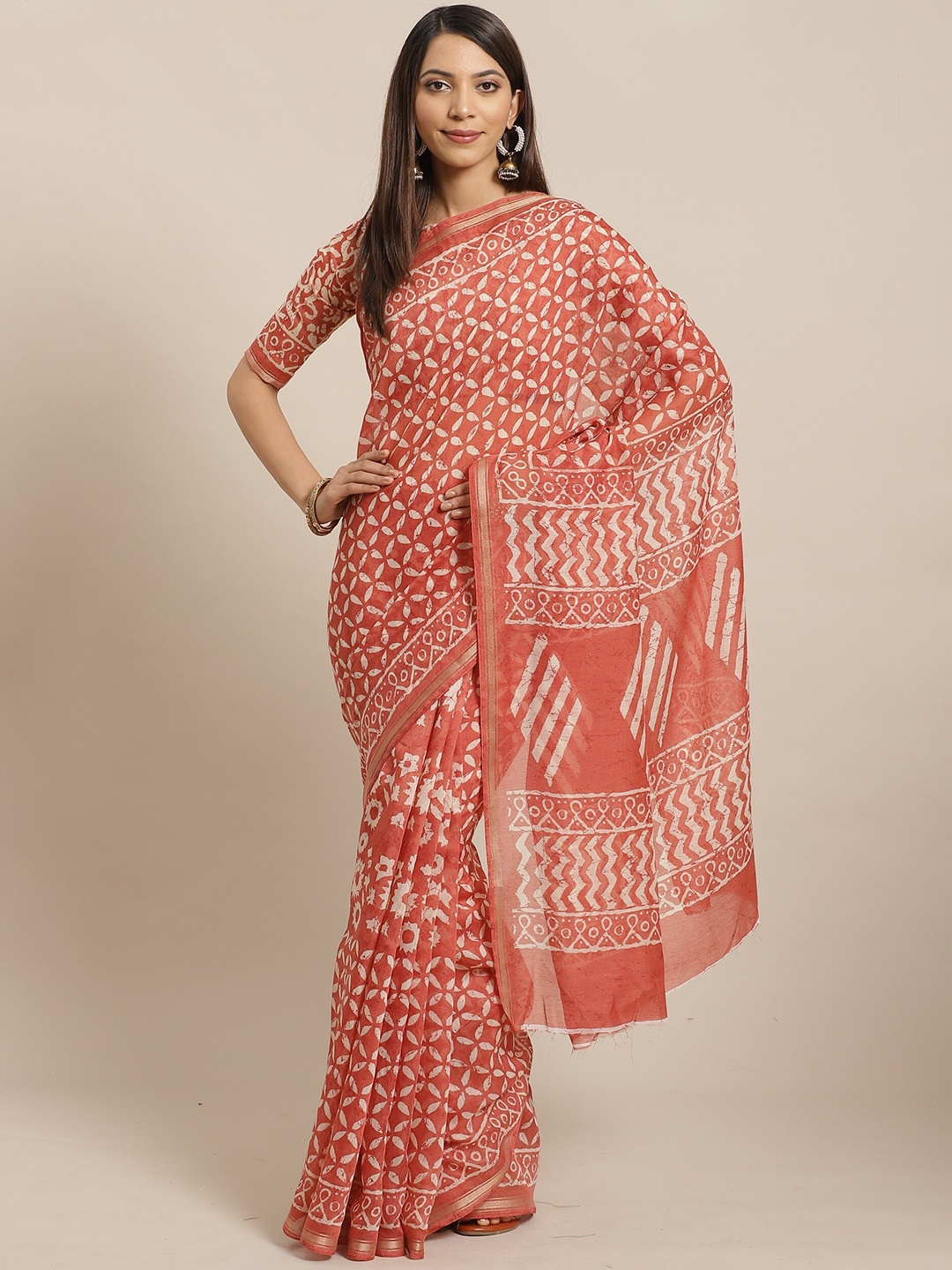 

Saree mall Floral Printed Ikat Sarees, Peach