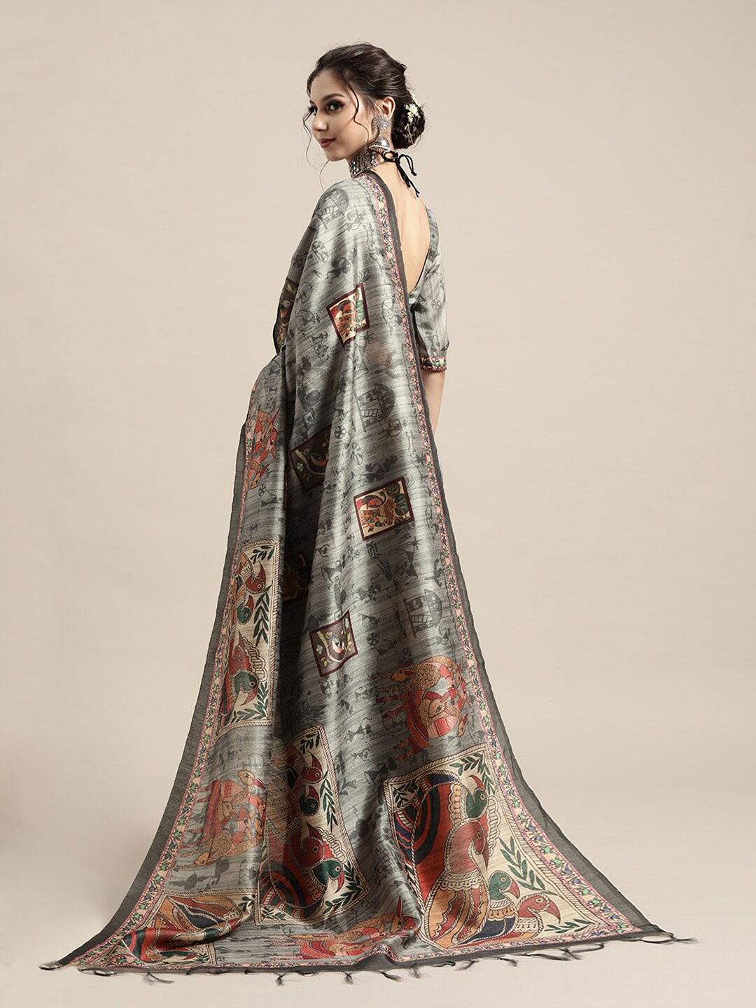 

Saree mall Warli Printed Baluchari Sarees, Charcoal