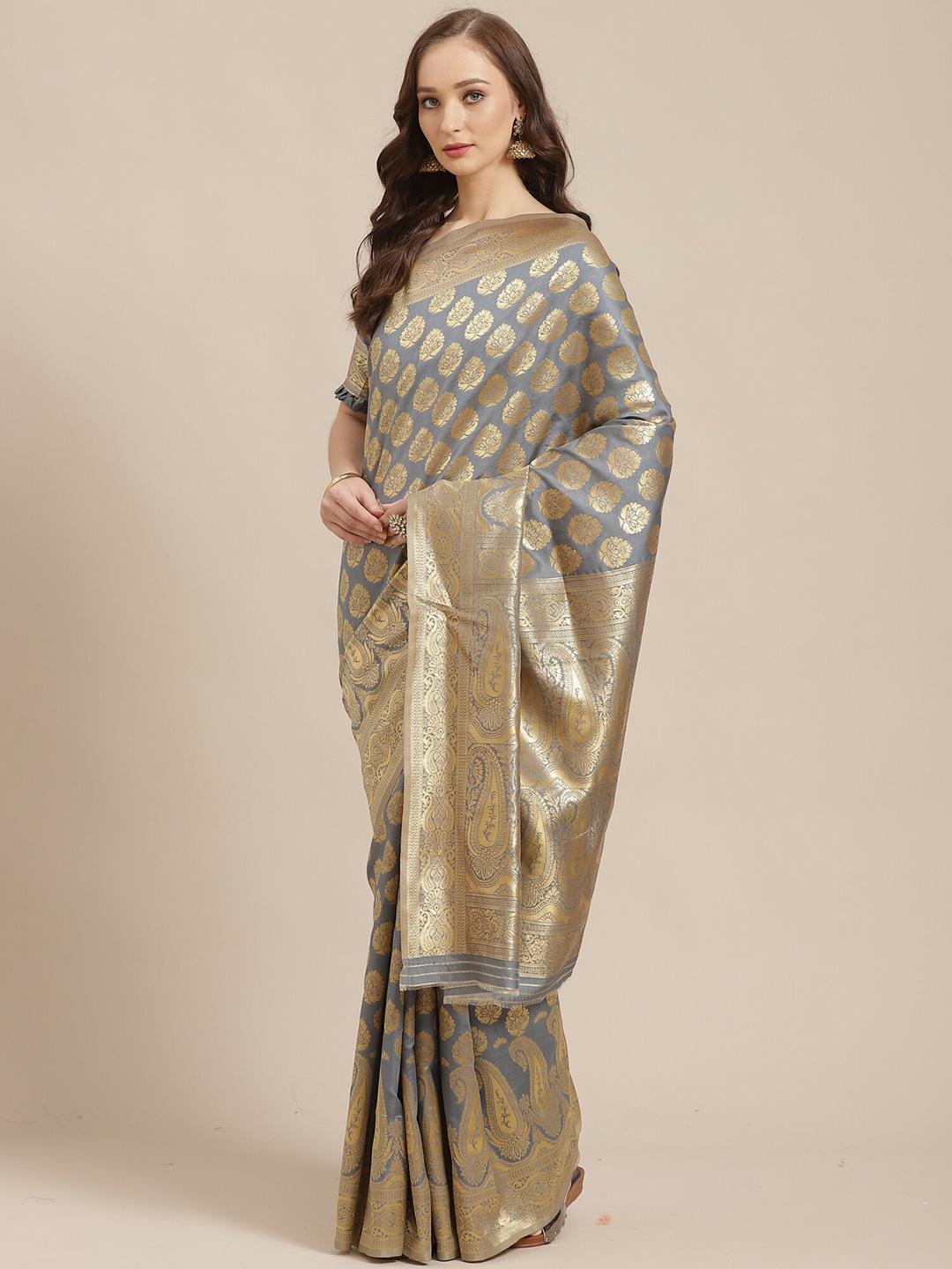 

Saree mall Ethinic Motifs Woven Design Zari Banarasi Sarees, Grey