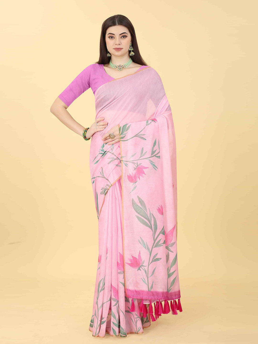 

Silk Land Floral Printed Zari Chanderi Saree, Pink