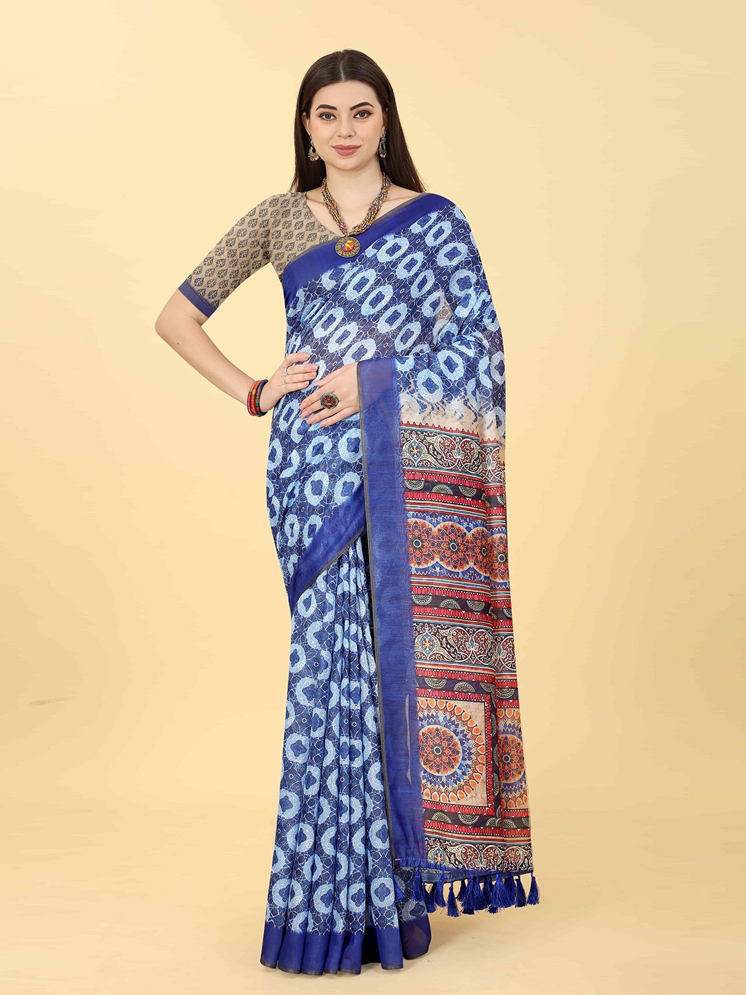 

Silk Land Geometric Printed Zari Chanderi Indigo Saree, Blue