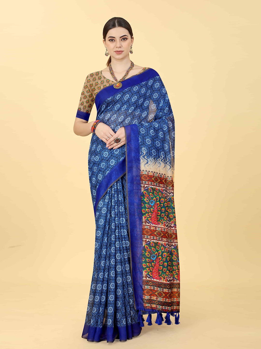 

Silk Land Geometric Printed Kalamkari Chanderi Indigo Saree, Blue
