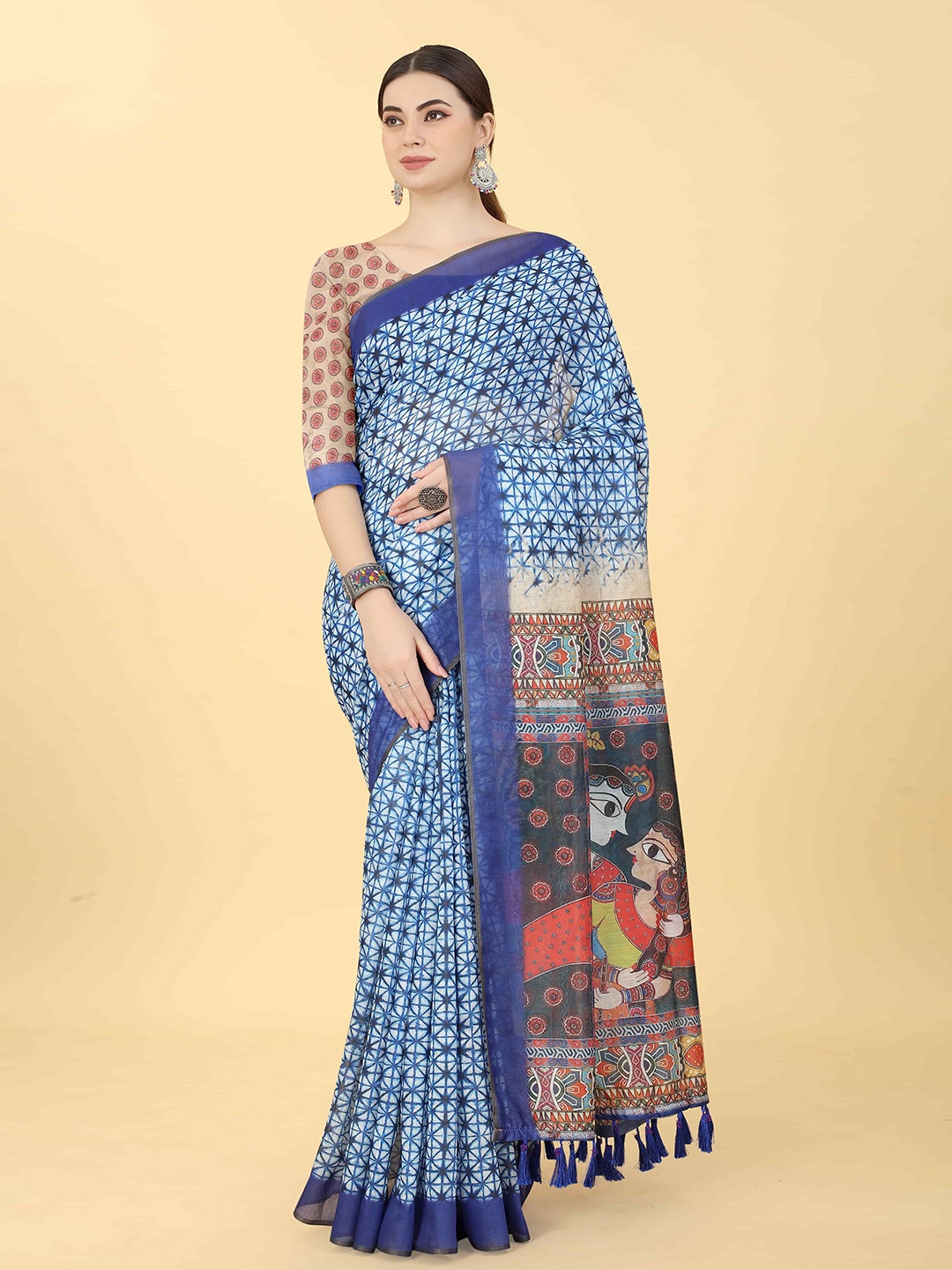 

Silk Land Kalamkari Printed Zari Chanderi Indigo Saree, Blue