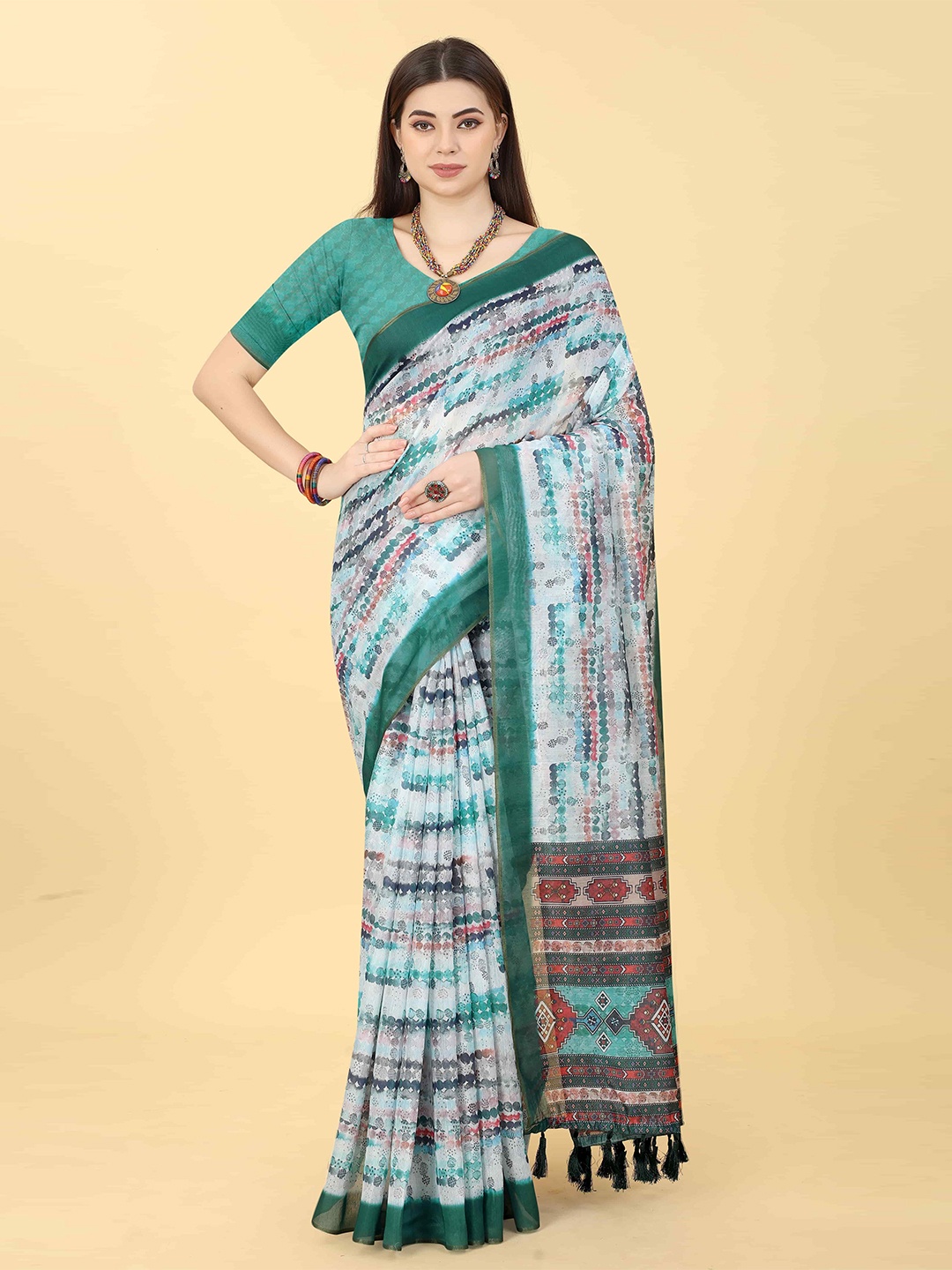 

Silk Land Geometric Chanderi Cotton Digital Print Saree, Green